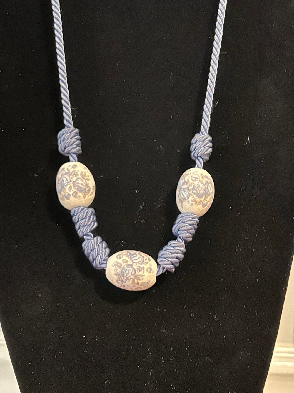 Boho Blue White Floral Ceramic Bead Necklace 30 Long Twisted Cord Statement